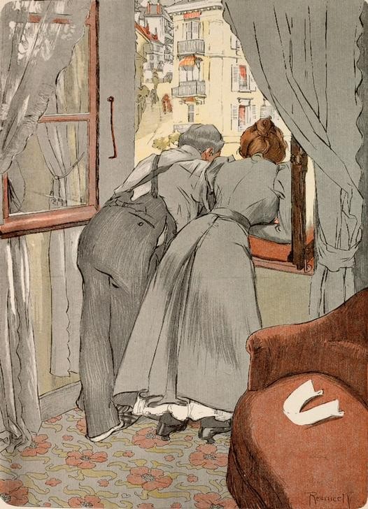 nach Ferdinand von Reznicek, Eine treue Seele. / Sag, Schatz, hast du vielleicht eine... (Deutsche Kunst,Ehepaar,Jugendstil,Karikatur,Liebe Und Ehe,Mode,Neugier,Langeweile,Rückenfigur,Jahrhundertwende,Eheleben,Aus Dem Fenster Sehen,Schaulust)