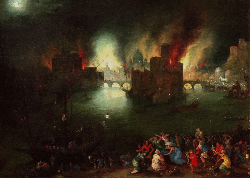 Jan Brueghel der Ältere, Aeneas trägt seinen Vater Anchises aus dem brennenden Troja (Feuer,Krieg,Mythologie,Nacht,Flucht,Trojanischer Krieg,Brandschatzung,Manierismus,Niederländische Kunst,Trojanisches Pferd,Grossbrand,Griechisch-Römische Mythologie,Brand)