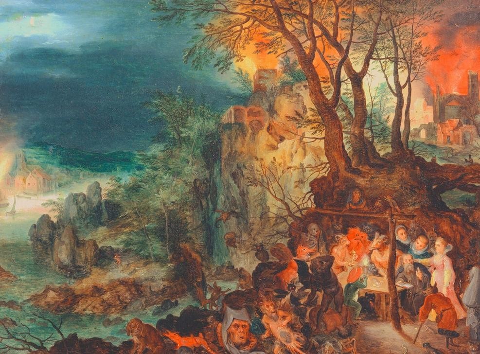 Jan BRUEGHEL DER Jüngere, Die Versuchung des heiligen Antonius (Christentum,Feuer,Heilige,Landschaft,Religion,Barock,Dämon,Teufel,Heiligenlegende,Versuchung,Niederländische Kunst,Brand)