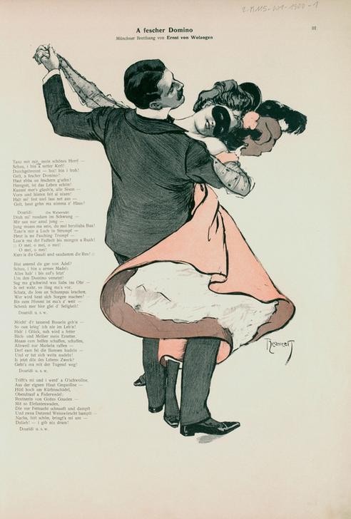 Nach Ferdinand von Reznicek, A fescher Domino (Deutsche Kunst,Gesellschaftstanz,Jugendstil,Karikatur,Liebespaar,Musik,Tanz,Walzer,Gedicht,Ausgelassenheit,Jahrhundertwende,Maske (Gegenstand),Karneval)