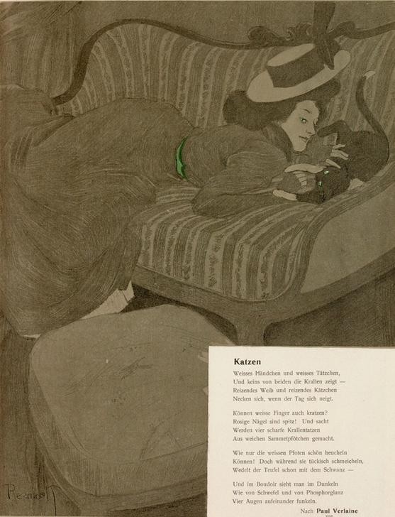 Nach Ferdinand von Reznicek, Katzen (Deutsche Kunst,Jugendstil,Katze (Tier),Literatur,Tierliebe,Gedicht,Haustier,Frau Und Tier,Lyrik,Jahrhundertwende,Streicheln,Person)