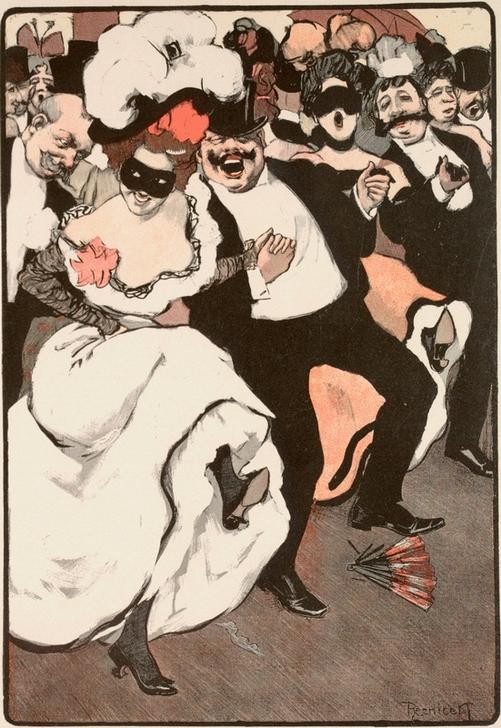 Nach Ferdinand von Reznicek, Der Frahsee (La Française) / Mein Herz, das ist ein Bienenhaus – – –. (Ball (Gesellschaft),Deutsche Kunst,Feste,Gesellschaftstanz,Jugendstil,Kalenderfeste,Karikatur,Masken- Und Kostümbälle,Tanz,Ausgelassenheit,Jahrhundertwende,Maske (Gegenstand),Karneval)
