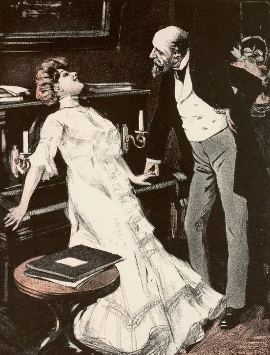 Nach Ferdinand von Reznicek, Der Intendant. (..) Aber bevor ich sie engagiere, müssen si (Deutsche Kunst,Jugendstil,Karikatur,Schauspieler,Theater,Intendant,Jahrhundertwende)