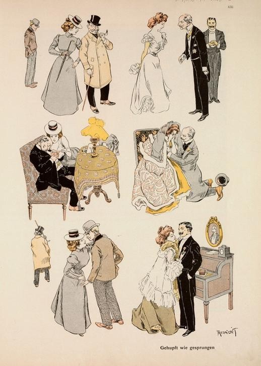 Nach Ferdinand von Reznicek, Gehupft wie gesprungen (Deutsche Kunst,Ehepaar,Erotik,Jugendstil,Karikatur,Prostitution,Sexualität,Jahrhundertwende,Eheleben,Zuhälter,Orden (Allgemein))