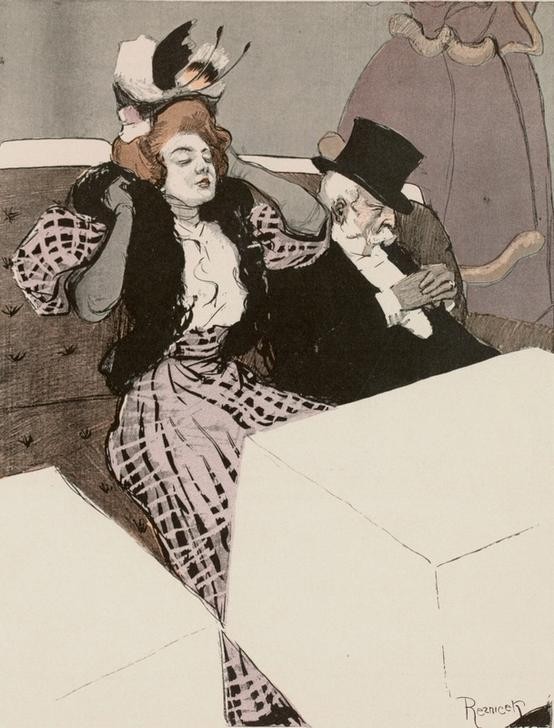 Nach Ferdinand von Reznicek, Das Wunder. / Was sagt denn deine Frau, wenn sie hört, dass (Damenmode,Deutsche Kunst,Gastronomie,Jugendstil,Karikatur,Liebe Und Ehe,Mode,Restaurant,Langeweile,Jahrhundertwende,Verhältnis,Schlafen (Schlaf),Unterhaltung (Gespräch))