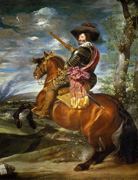 Diego Rodriguez de Silva y Velasquez, Conde Duque de Olivares zu Pferde (Geschichte,Kopfbedeckung,Kunst,Mann,Militarismus,Pferd (Tier),Politiker,Reiterstandbild,Reiter,Barock,Portrait,Spanische Kunst,Kleidung (Allgemein),Tier,Reiten,Reiterbildnis,Person,Dressurreiten)