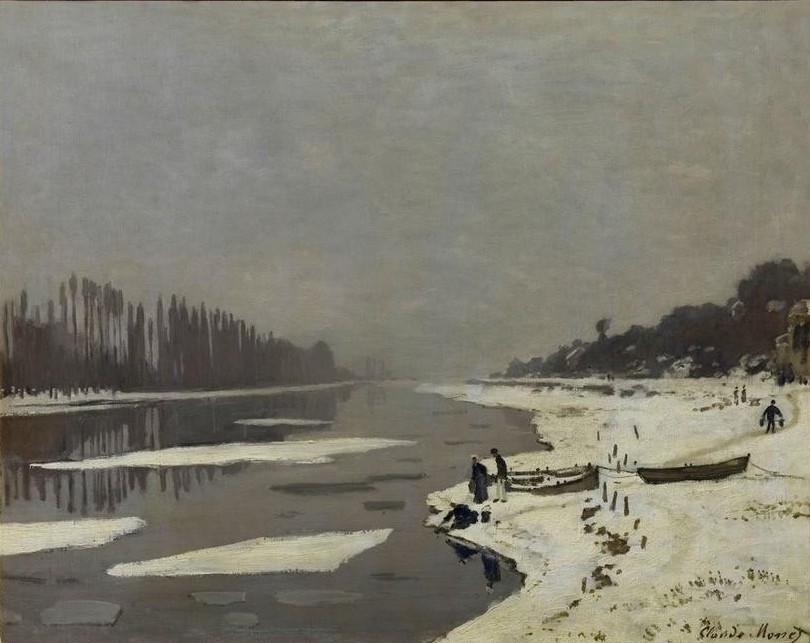Claude Monet, Glaçons sur la Seine à Bougival (Eis (Kälte),Jahreszeiten,Landschaft,Wasser,Wetter,Winter,Impressionismus,Schnee,Fluss,Französische Kunst,Ufer,Eisscholle,Kälte)