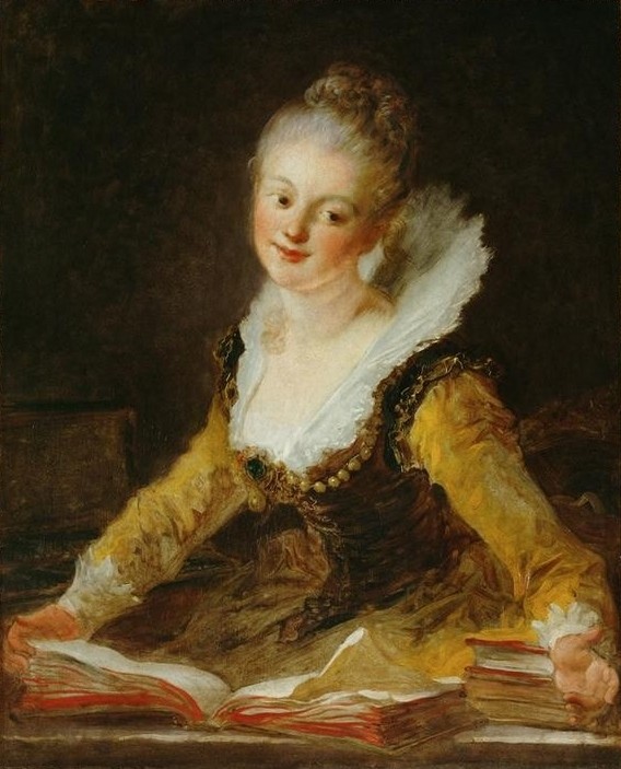 Jean-Honoré Fragonard, L’Étude (Buch, Lesende, junge Frau, Bildung, Lernen, Damenmode,  Lächeln, Spitzenkragen, Treppenhaus, Wohnzimmer, Rokoko, Klassiker, Wunschgröße, Malerei, bunt)