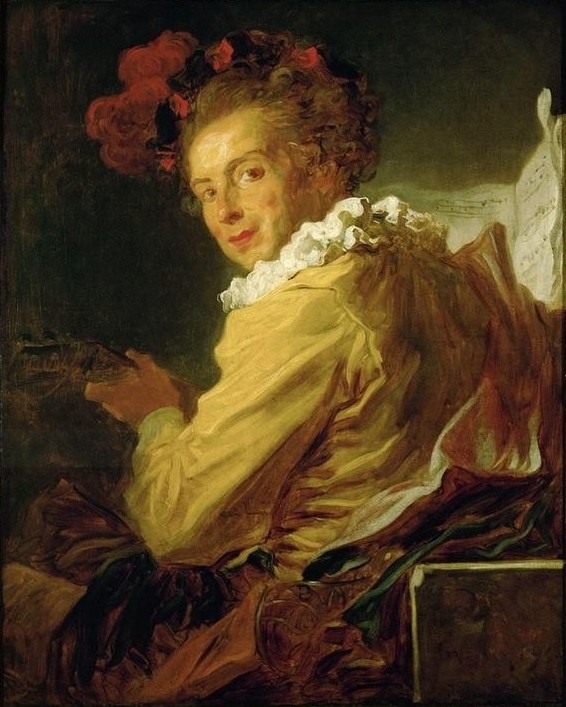 Jean-Honoré Fragonard, La Musique. Portrait de M. de la Bretèche, frère de l’abbé (Gitarre, Laute, Mann, Musiker, Musik, Portrait, Treppenhaus, Wohnzimmer, Rokoko, Klassiker, Wunschgröße, Malerei, bunt)