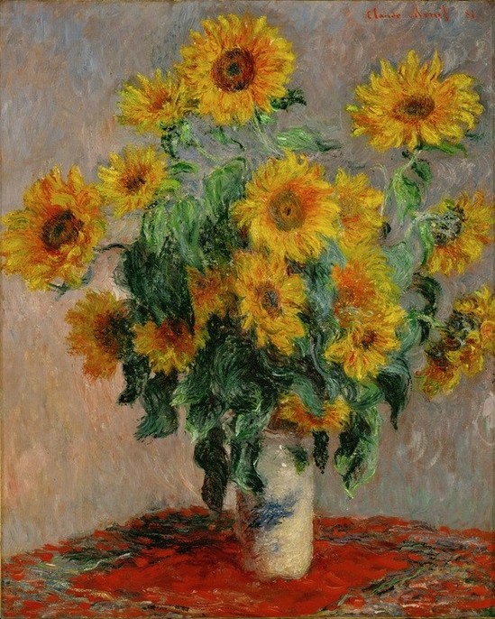 Claude Monet, Bouquet de soleils (Botanik,Kunst,Sonnenblume,Impressionismus,Stillleben,Blumenstrauss,Vase,Französische Kunst,Gefäss,Blume,Blumentopf)