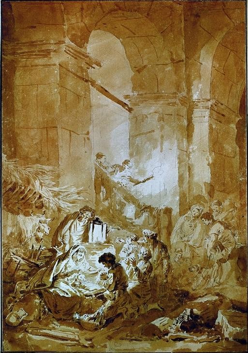 Jean-Honoré Fragonard, Die Anbetung der Hirten (Christentum, Religion, Geburt christi, Stall, Hirten,Heilige Familie, Studie, Treppenhaus, Wohnzimmer, Rokoko, Klassiker, Wunschgröße, Malerei, bunt)