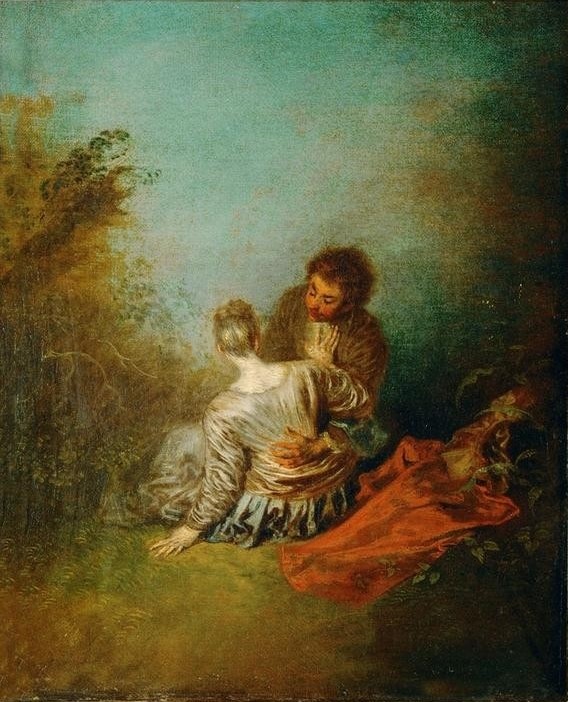 Jean-Antoine Watteau, Le faux pas (Landschaft, Paar, Menschen, Zudringlich, Verführung, Abwehr, Rokoko, Wohnzimmer,   Klassiker,  Wunschgröße)