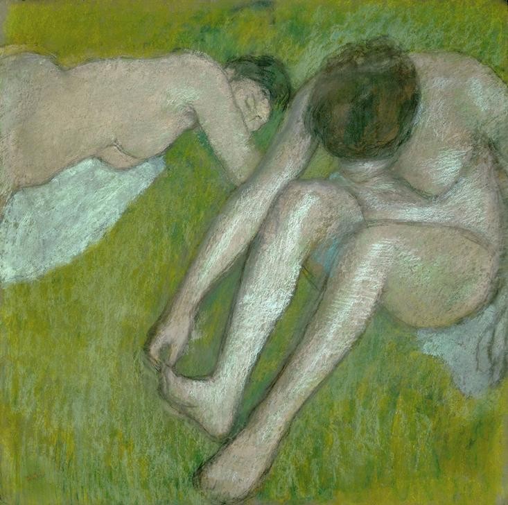 Edgar Degas, Eine liegende und eine sitzende Badende (Bad Im Freien,Bad,Frau,Kunst,Mädchen,Impressionismus,Akt,Portrait,Französische Kunst,Frauenleben,Kopf,Entspannung)