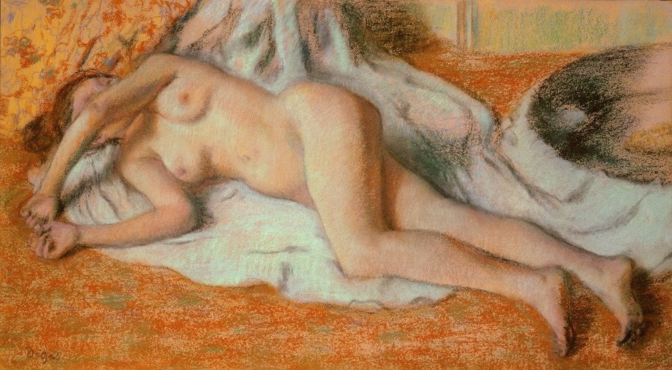 Edgar Degas, Auf einem Bademantel liegende Frau (Körperpflege,Bad,Frau,Mädchen,Impressionismus,Akt,Portrait,Französische Kunst,Ausruhen,Frauenleben,Kopf,Entspannung,Liegen)