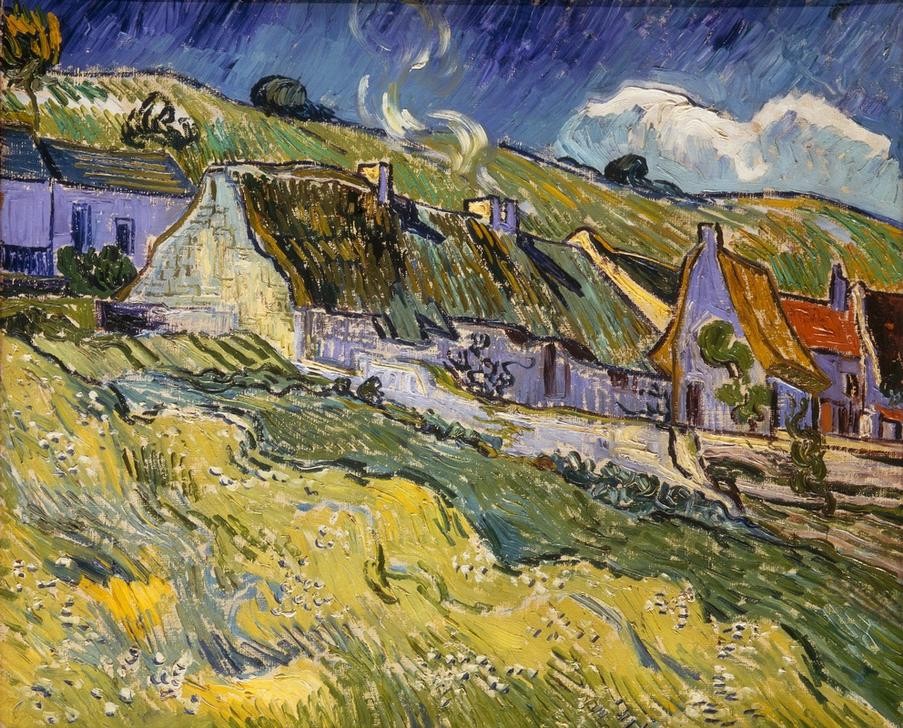 Vincent van Gogh, Strohgedeckte Häuser (Architektur,Bauernhaus,Landschaft,Architekturdarstellung,Strohdach,Niederländische Kunst,Kate)