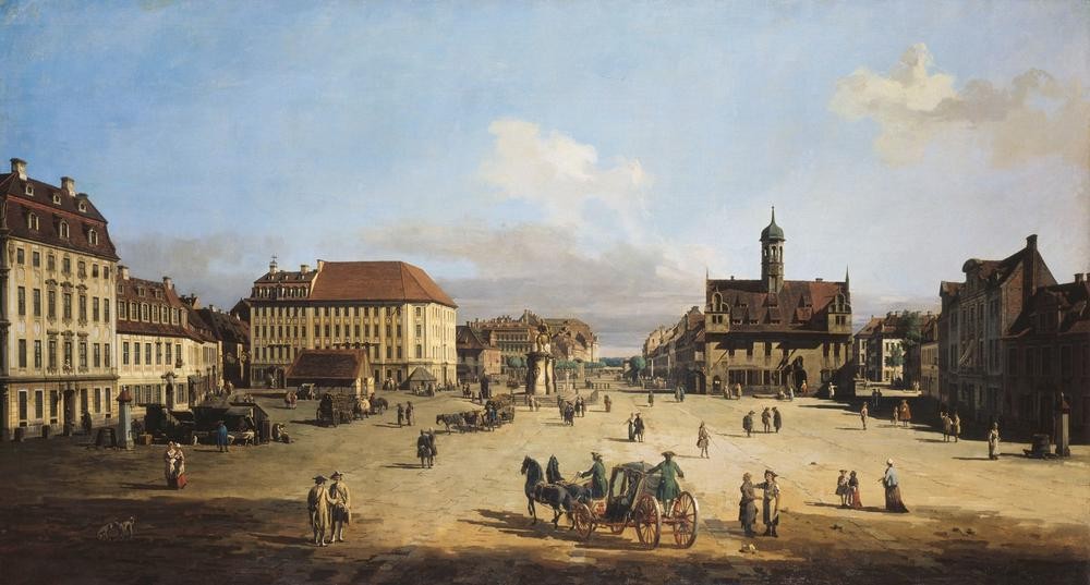 Bernardo Bellotto, Der Neustädter Markt in Dresden (Städte, Architektur, Marktplatz, Menschen, Dresden, Alltagsszene, historisch, Malerei, Rokoko, Wohnzimmer, Wunschgröße, Klassiker, bunt)