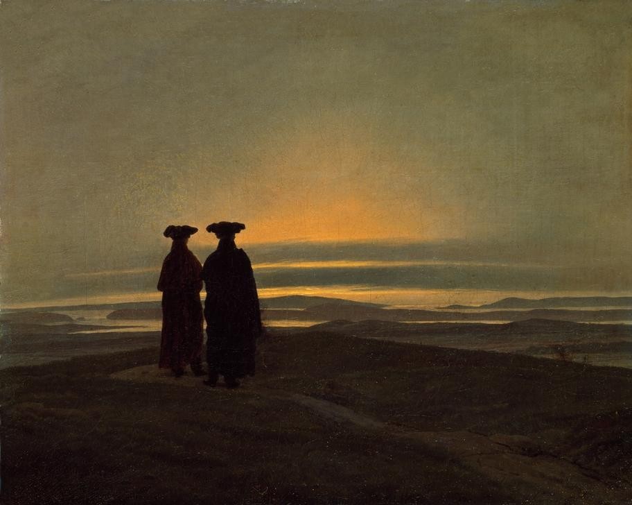 Caspar David Friedrich, Abendlandschaft mit zwei Männern (Deutsche Kunst,Freundschaft (Allgemein),Himmel (Natur),Küste,Kunst,Landschaft,Mann,Mensch,Freizeit,Sonnenuntergang,Spaziergang,Tracht,Tageszeiten,Abend,Nacht,Meer,Fluss,Allegorie,Vanitas,Rückenfigur,Kleidung (Allgemein),Betrachten,Romantik,Altdeutsche Tra)