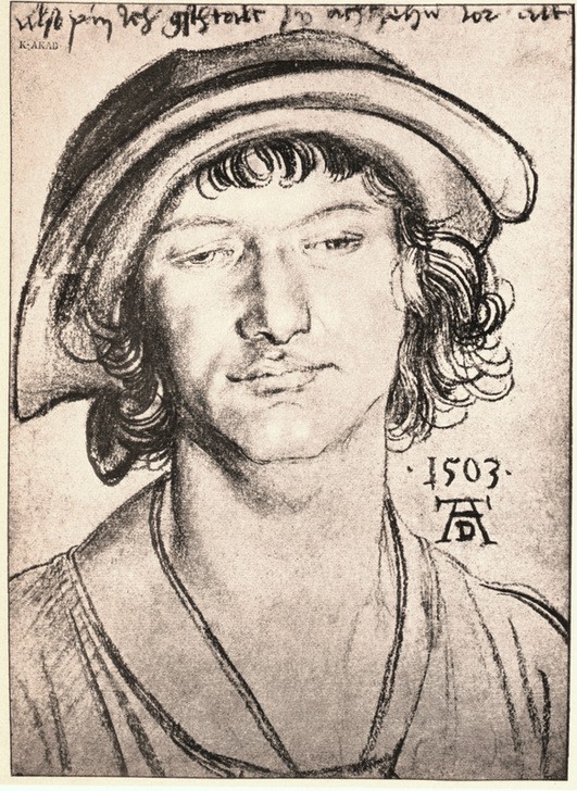 Albrecht Dürer, Bildnis eines achtzehnjährigen Jünglings (Deutsche Kunst,Handschrift,Kopfbedeckung,Kunst,Mann,Mensch,Renaissance,Autograph,Portrait,Jüngling,Schreibschrift,Schlapphut,Brustbild,Junger Mann)
