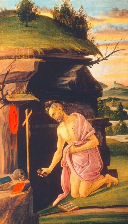 Sandro Botticelli, Der heilige Hieronymus in der Wüste (Christentum,Kreuz,Kunst,Religion,Stein,Renaissance,Kirchenvater,Eremit,Heiligenlegende,Italienische Kunst,Totenkopf,Kasteiung,Heiliger,Busse,Kardinalshut)