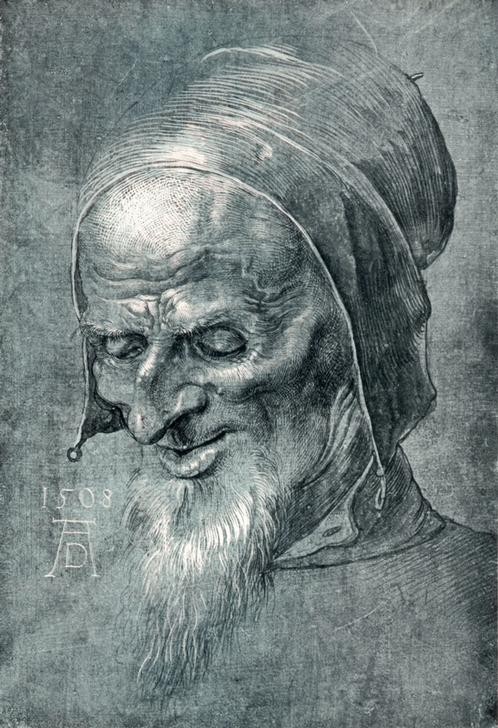 Albrecht Dürer, Kopf eines Apostels (Christentum,Deutsche Kunst,Kunst,Religion,Bart,Renaissance,Neues Testament,Bibel,Apostel,Greis,Apostelgeschichte,Kopfstudie,Kappe (Kopfbedeckung),Spitzbart,Kopf,Alter Mann,Falten (Physiognomie))