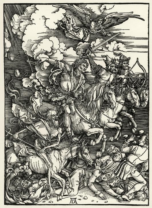Albrecht Dürer, Die vier apokalyptischen Reiter (Christentum,Deutsche Kunst,Krieg,Religion,Tod,Hunger,Renaissance,Inflation,Neues Testament,Bibel,Apokalypse,Illustration,Apokalyptische Reiter,Buchillustration)