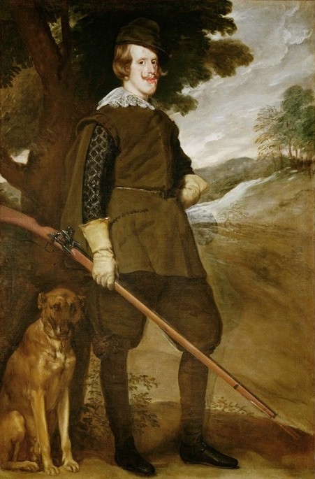 Diego Rodriguez de Silva y Velasquez, Philipp IV. im Jagdkostüm (Gewehr,Geschichte,Handschuh,Herrenmode,Jäger,Jagd,König,Mann,Mode,Freizeit,Waffe,Herr Und Hund,Barock,Hund,Portrait,Habsburger,Muskete,Jagdhund,Adel,Spanische Kunst,Pose,Habsburgerlippe,Kleidung (Allgemein),Ganzfigurig,Jagdkleidung,Lederhandschuh,Jagdgewe)