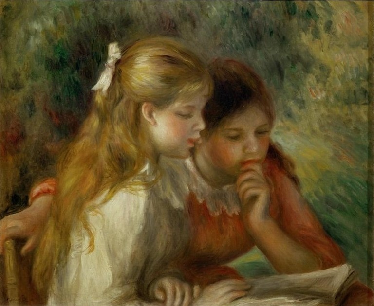 Pierre-Auguste Renoir, La lecture (Buch,Freundschaft (Allgemein),Kind,Kunst,Leser,Literatur,Mädchen,Maler (Künstler),Impressionismus,Lesen (Allgemein),Französische Kunst,Im Freien (Allgemein),Kinderleben,Leserin,Leseratte)