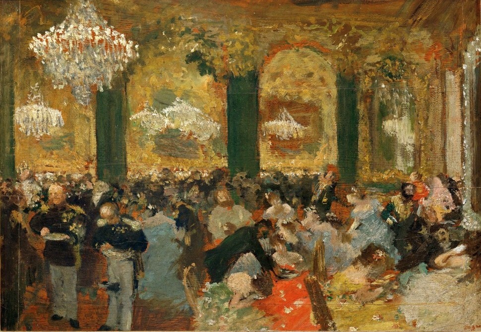 Edgar Degas, Le souper au bal (Ball (Gesellschaft),Feste,Gesellschaftliches Leben,Hoffeste,Licht Und Beleuchtung,Tafelsitten,Tanz,Impressionismus,Gründerzeit,Höfische Gesellschaft,Kronleuchter,Lampe,Kopie,Französische Kunst,Wohlstand,Reichtum,Überfluss,Souper)