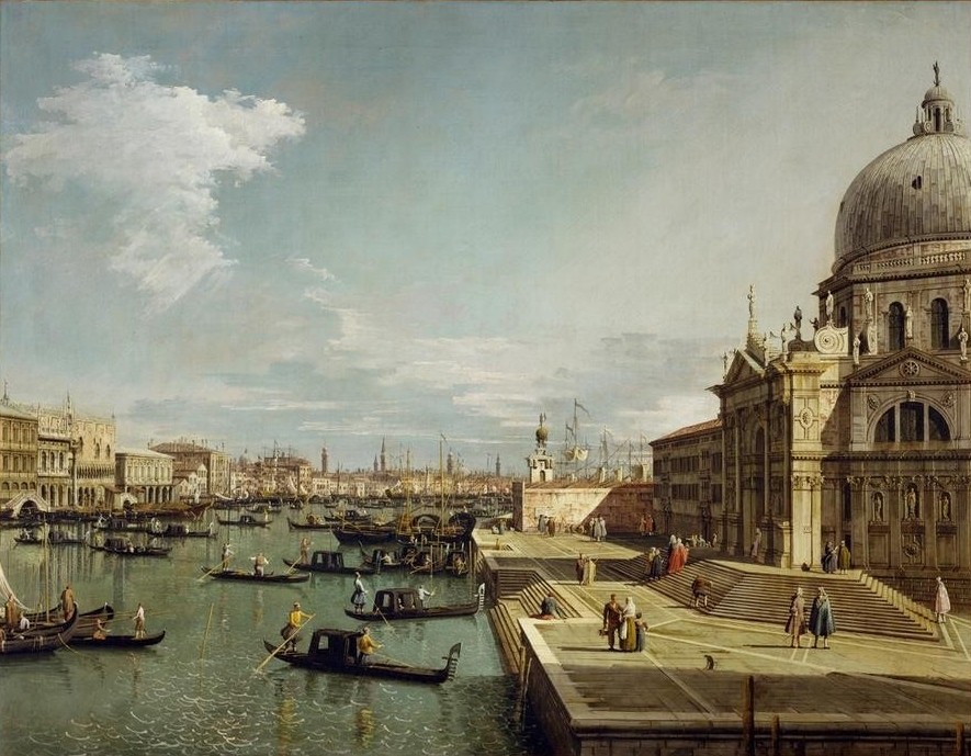 Giovanni Antonio Canaletto, Mündung des Canal Grande und Kirche Santa Maria della Salut (Architektur, Städte, Venedig, Vedute, Architektur, Canal Grande, Gondeln, Boote, Kirche, Santa Maria della Salute, Barock, Klassiker, Wunschgröße, Wohnzimmer)