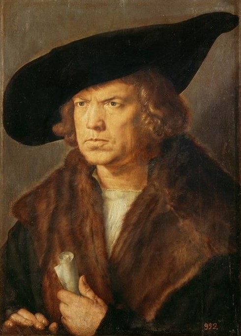 Albrecht Dürer, Bildnis eines bartlosen Mannes mit großem Barett (Deutsche Kunst,Mann,Mensch,Mode,Pelz,Hut,Renaissance,Portrait,Barett,Pelzkragen,Kleidung (Allgemein),Brustbild,Mütze)