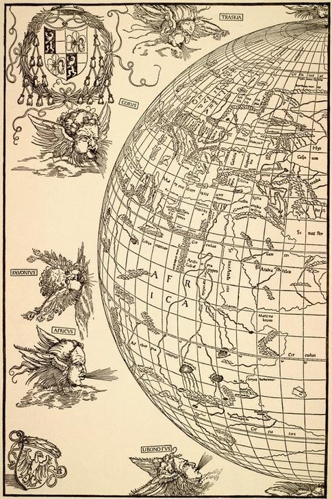 Albrecht Dürer, Stabius’ Weltkarte, westliche Hälfte (Geographie,Globus,Weltkarte,Wind,Weltbild,Erdglobus,Frühe Neuzeit (16.-18. Jahrhundert),Wappen,Kartografie (Karte))