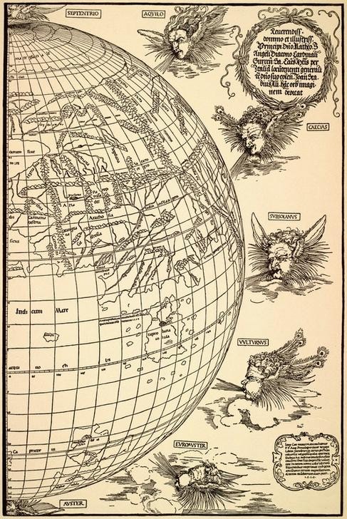 Albrecht Dürer, Stabius’ Weltkarte, östliche Hälfte (Geographie,Globus,Weltkarte,Wind,Weltbild,Erdglobus,Frühe Neuzeit (16.-18. Jahrhundert),Kartografie (Karte))