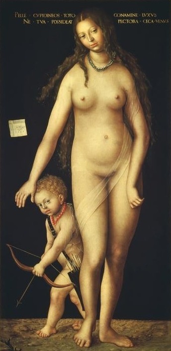 Lucas Cranach der Ältere, Venus und Amor (Deutsche Kunst,Frau,Kunst,Liebe,Mythologie,Pfeil,Schönheit,Renaissance,Akt,Allegorie,Köcher,Göttin,Bogen (Waffe),Griechisch-Römische Mythologie)