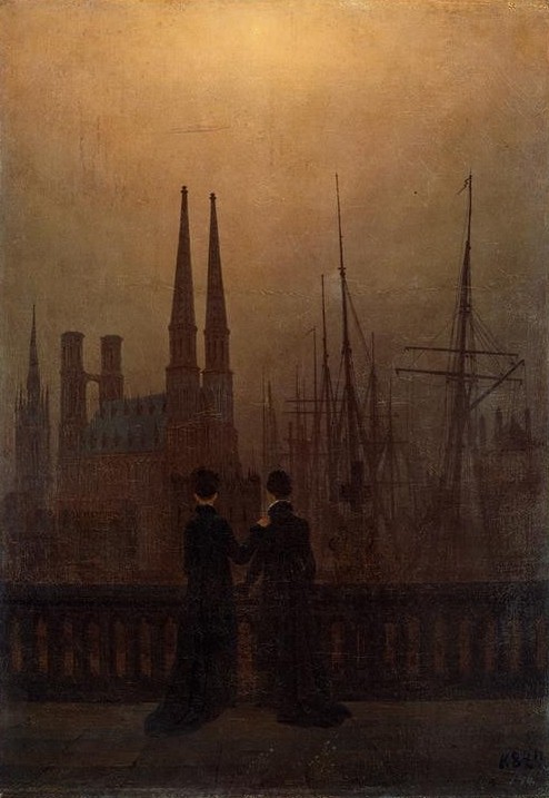 Caspar David Friedrich, Nächtlicher Hafen (Deutsche Kunst,Frau,Freundschaft (Allgemein),Geschwister,Hafen,Kirche,Kunst,Nacht,Schwester,Rückenfigur,Architekturdarstellung,Romantik,Schifffahrt)