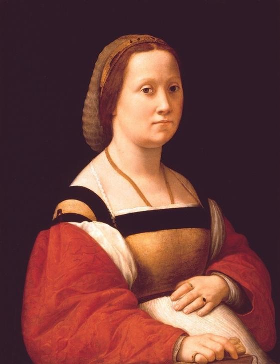 Raffael, Weibliches Bildnis (Damenmode,Frau,Jugend (Lebensalter),Kunst,Mensch,Mode,Schmuck,Schwangerschaft,Renaissance,Portrait,Italienische Kunst,Haarschmuck,Fingerring,Junge Frau,Halbfigur)