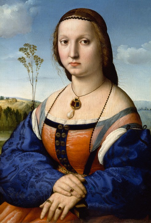 Raffael, Bildnis der Maddalena Doni (Damenmode,Frau,Jugend (Lebensalter),Landschaft,Mensch,Schmuck,Perle,Renaissance,Hand,Portrait,Halskette,Italienische Kunst,Stirnband,Haarschmuck,Fingerring,Knopf (Knöpfe),Halsband,Junge Frau,Brustbild)