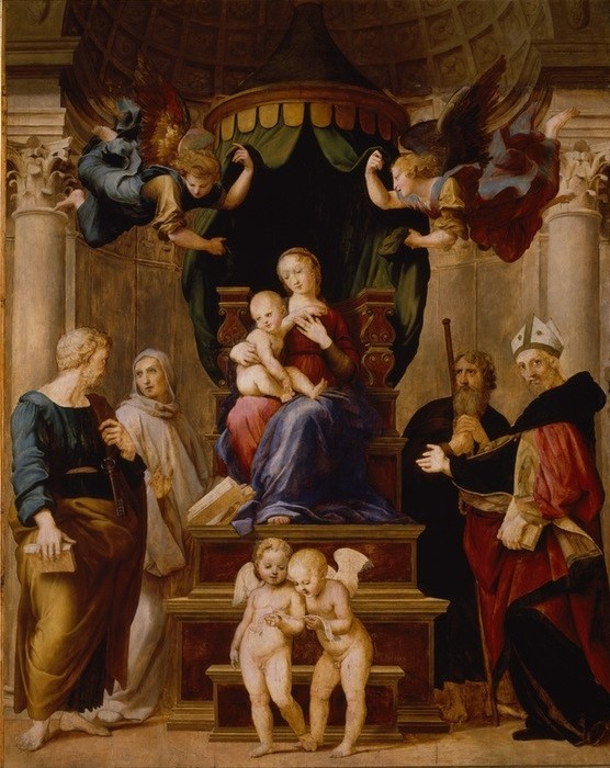 Raffael, Madonna del Baldacchino (Christentum,Engel,Heilige,Kunst,Religion,Altar,Maria Mit Kind,Sacra Conversazione,Bibel,Thron,Baldachin,Madonna Del Baldacchino)