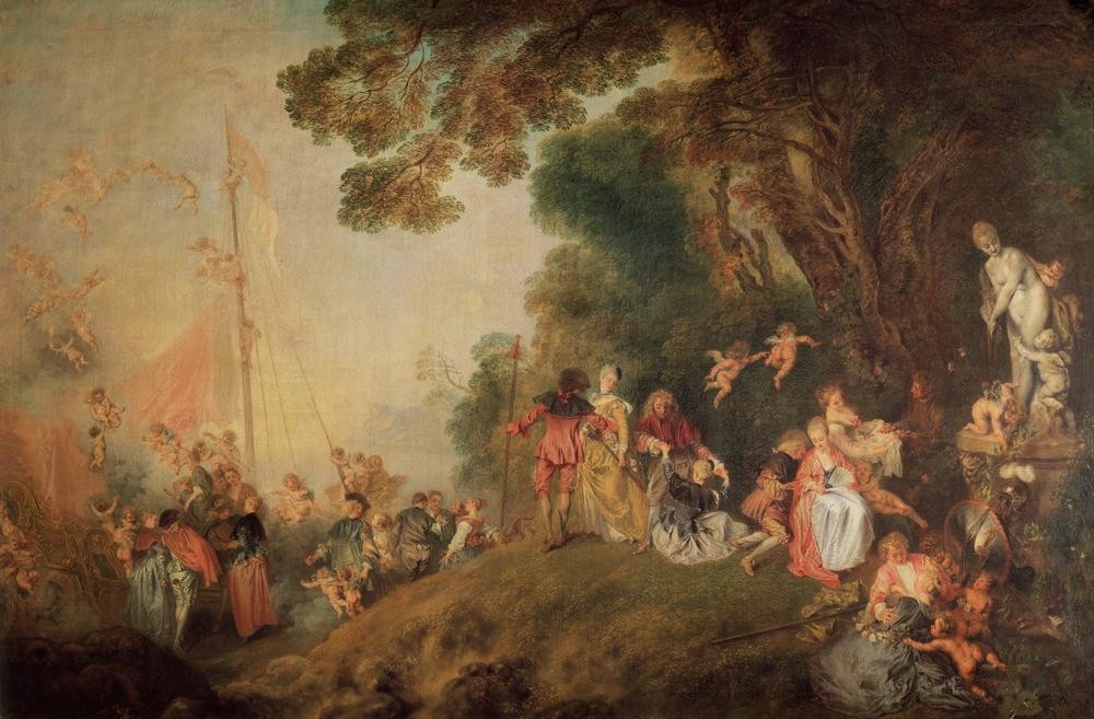 Jean-Antoine Watteau, Die Einschiffung nach Kythera (Liebe, Liebespaare, Putten, Menschen,  Allegorie, Schiff, Insel, Aphrodite, Rokoko, Wohnzimmer, Klassiker,  Wunschgröße)