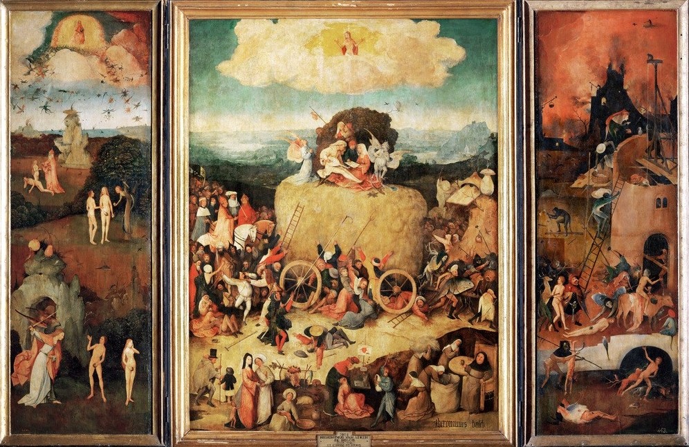 Hieronymus Bosch, Der Heuwagen (Arm Und Reich,Christentum,Heuwagen,Kaiser,Papst,Religion,Geiz,Renaissance,Allegorie,Vertreibung Aus Dem Paradies,Sündenfall,Triptychon,Bibel,Klerus,Erschaffung Evas,Hölle,Niederländische Kunst,Hals,Weltliche Und Geistliche Macht,Landwirtschaft,Symbolik)