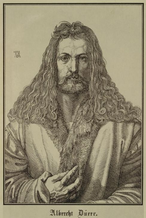 Albrecht Dürer, Albrecht Dürer (Künstler,Kupferstecher,Maler (Künstler),Mann,Mode,Bart,Selbstbildnis,Renaissance,Hand,Portrait,Pelzkragen,Vollbart,Haare (Haar),Langes Haar,Kragen,Blick Aus Dem Bild,Halbfigur,Person)