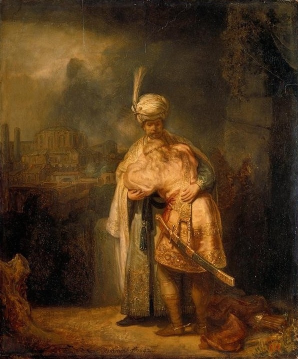 Rembrandt Harmenszoon van Rijn, David nimmt Abschied von Jonathan (Abschied (Verabschieden),Christentum,Freundschaft (Allgemein),Juden,König,Kopfbedeckung,Krieg,Kunst,Mann,Religion,Vater,Hut,Barock,Altes Testament,Turban,Orientalismus,Bibel,Freund,Umarmung,Niederländische Kunst,Holländische Kunst,Traurigkeit,Sohn,Jude,Mä)