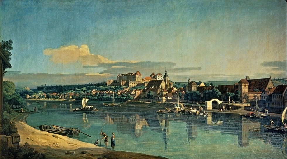 Bernardo Bellotto, Pirna vom rechten Elbufer bei Copitz unterhalb der Stadt (Elbe, Fluss, Architektur, Städte, Pirna, Panorama, Alltagsszene, Künstler, historisch, Malerei, Rokoko, Wohnzimmer, Wunschgröße, Klassiker, bunt)