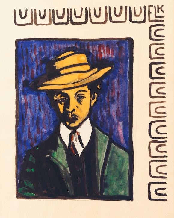 Ernst Ludwig Kirchner, Selbstbildnis mit Hut (Bildhauer,Deutsche Kunst,Grafiker,Herrenhut,Künstler,Maler (Künstler),Mann,Hut,Selbstbildnis,Ornamentik,Portrait,Expressionismus,Die Brücke,Brustbild,Person)