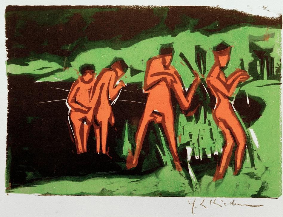 Ernst Ludwig Kirchner, Mit Schilf werfende Badende (Körperpflege,Bad Im Freien,Bad,Deutsche Kunst,Akt,Expressionismus,Die Brücke)
