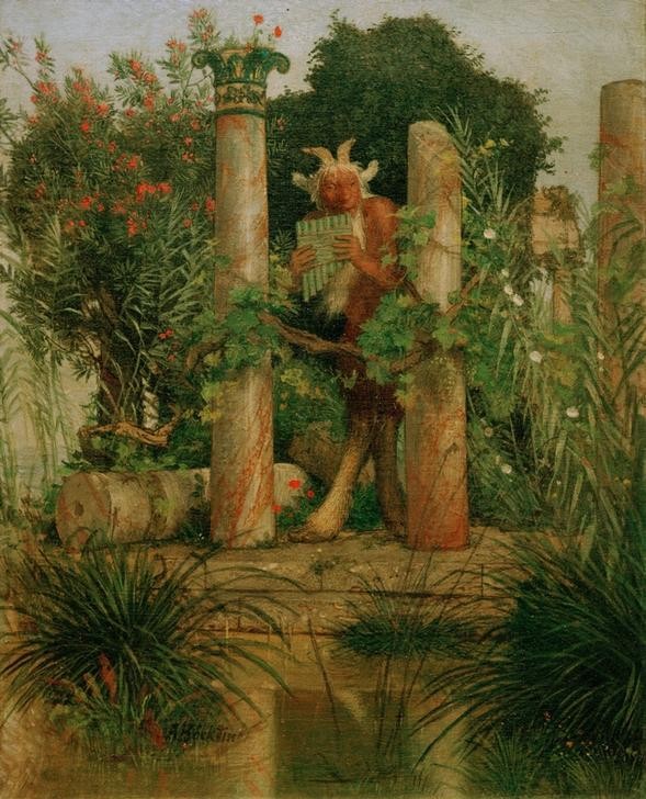 Arnold Böcklin, Idylle (Architektur,Blasinstrument,Botanik,Deutsche Kunst,Garten Und Park,Gewässer,Kunst,Landschaft,Musik,Mythologie,Ruine,Säule,Instrument,Götterliebschaften,Götter,Panflöte,Schilf,Schweizerische Kunst,Flötist,Gott,Deutschrömer,Griechisch-Römische Mythologie,Flö)