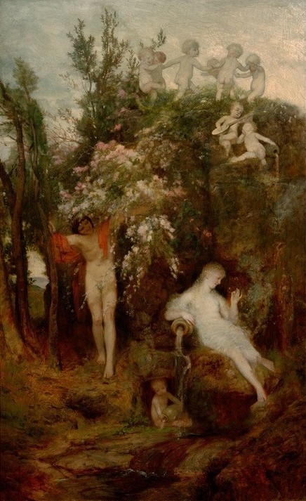 Arnold Böcklin, Liebesfrühling (Deutsche Kunst,Frau,Jahreszeiten,Liebe Und Ehe,Liebespaar,Mensch,Wasser,Nymphe,Frühling,Akt,Allegorie,Putto,Quelle,Jüngling,Schweizerische Kunst,Quellnymphe,Deutschrömer)