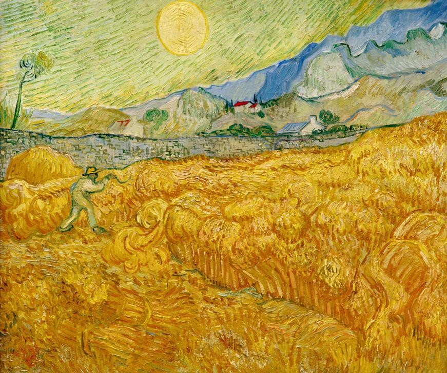 Vincent van Gogh, Die Ernte (Ackerbau,Arbeit,Bauer (Landwirt),Ernte,Gebirge,Getreideanbau,Jahreszeiten,Kunst,Landschaft,Mann,Sommer,Weizen,Sonne,Impressionismus,Schnitter (Ernte),Sense,Getreide,Schneiden,Niederländische Kunst,Feld,Holländische Kunst,Getreidefeld,Feldarbeit,Postimpres)