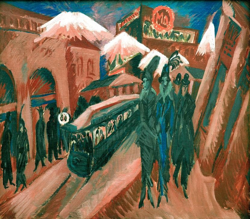 Ernst Ludwig Kirchner, Leipziger Straße mit elektrischer Bahn (Deutsche Kunst,Geographie,Kunst,Strassenbahn,Strassenszene,Verkehr,Grossstadt,Fussgänger,Topographie,Innenstadt)