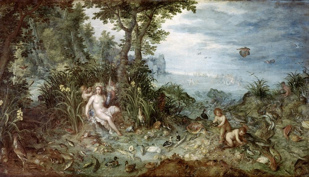 Jan Brueghel der Ältere, Allegorie des Wassers (Elemente,Kunst,Landschaft,Mythologie,Vogel,Wasser,Barock,Fisch,Allegorie,Ente,Niederländische Kunst,Fliegender Fisch,Wasservogel,Griechisch-Römische Mythologie)