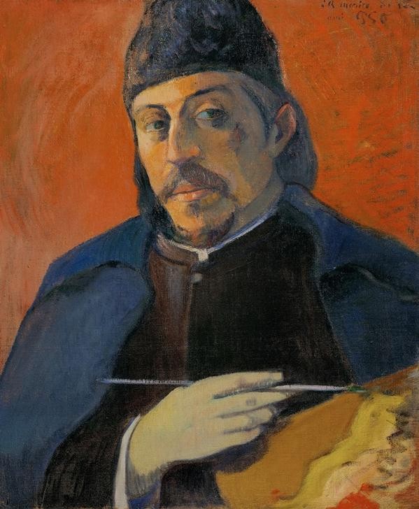 Paul Gauguin, Selbstporträt mit Palette (Kopfbedeckung,Künstler,Kunst,Maler (Künstler),Mantel,Mann,Bart,Selbstbildnis,Künstler Bei Der Arbeit,Portrait,Palette,Französische Kunst,Pinsel,Kappe (Kopfbedeckung),Kleidung (Allgemein),Synthetismus,Person,Frisur)